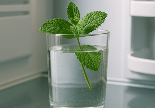 Bouquet de menthe conservé dans un verre d’eau au frigo