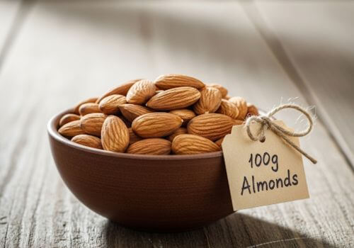 Comparatif visuel une poignée d’amandes vs. 100 g d’amandes