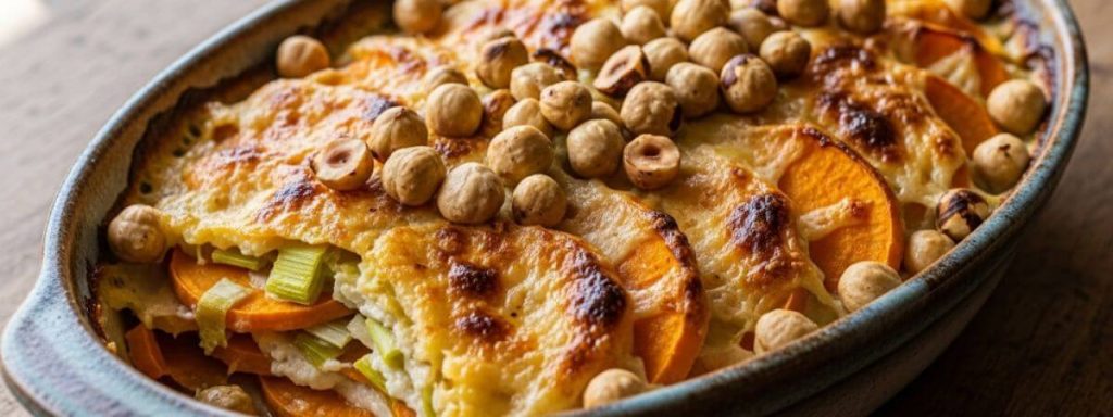Gratin Patates Douces, Poireaux et Noisettes
