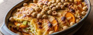 Gratin Patates Douces, Poireaux et Noisettes