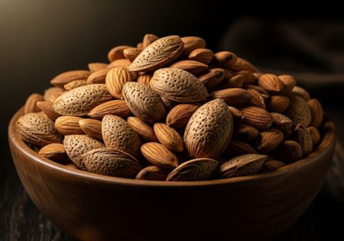 Petit sac en toile rempli d’amandes, posé sur une table