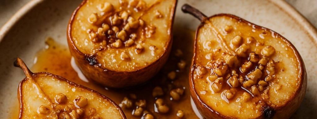 Poires rôties au four, sirop d’érable et éclats de noix