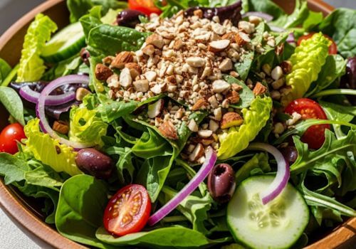 Salade composée avec amandes concassées parsemées sur le dessus