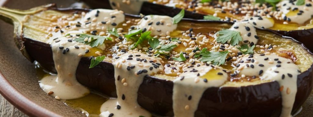 Aubergines rôties au four, sauce tahin et citron