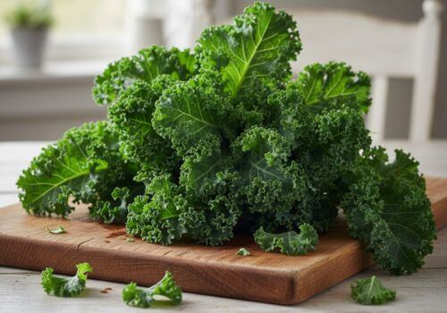Bouquet de chou kale frais posé sur une planche de bois