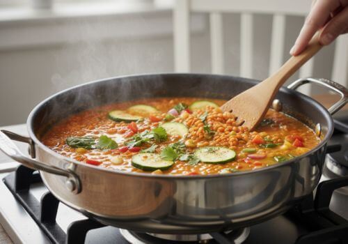 Casserole de soupe aux lentilles corail avec légumes colorés