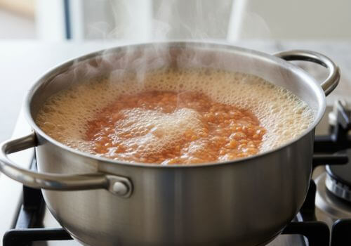 Casserole d’eau bouillante avec lentilles corail en cuisson