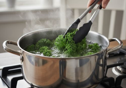Chou kale dans une casserole d’eau bouillante