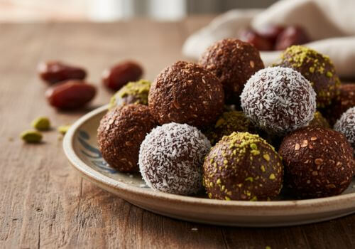 Des energy balls maison au cacao et dattes, présentées sur une assiette.