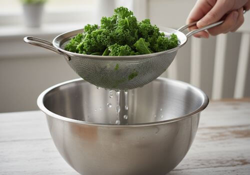 Kale égoutté dans une passoire inox