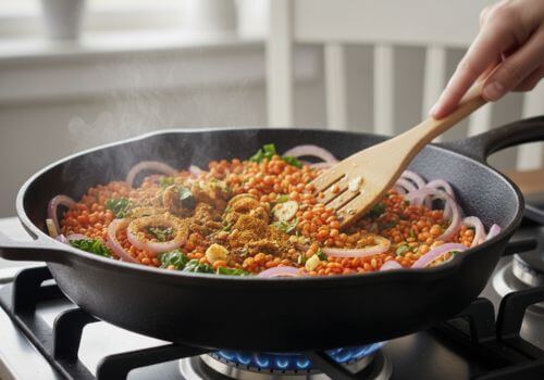 Lentilles corail revenues dans une poêle avec ail, oignons et épices