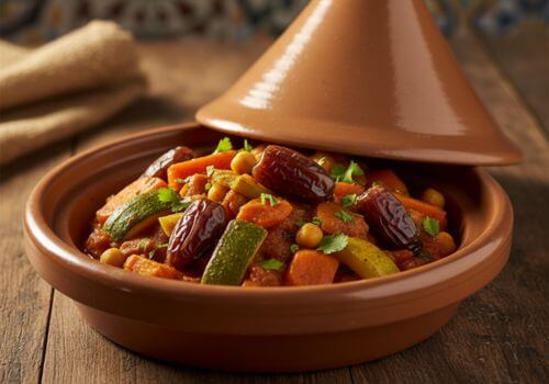 Plat de tajine marocain aux légumes et dattes entières en garniture