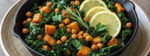 Poêlée de chou kale, patates douces et pois chiches grillés