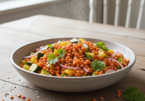 Salade tiède de lentilles corail avec légumes croquants