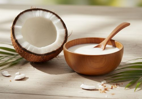 Bol de lait de coco crémeux et noix de coco fraîche